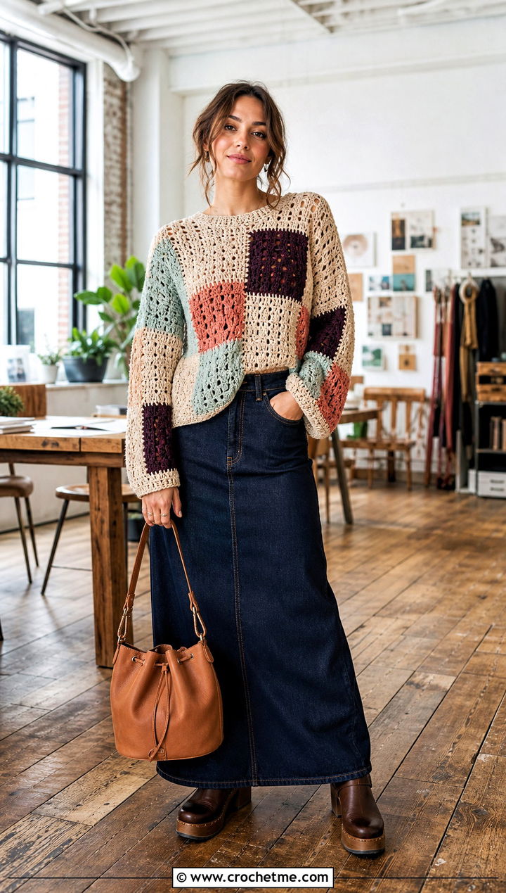 Beige Patchwork Crochet Sweater With Denim Maxi Skirt - 15 Beige Crochet Sweater On Wooden Floor outfit ideas