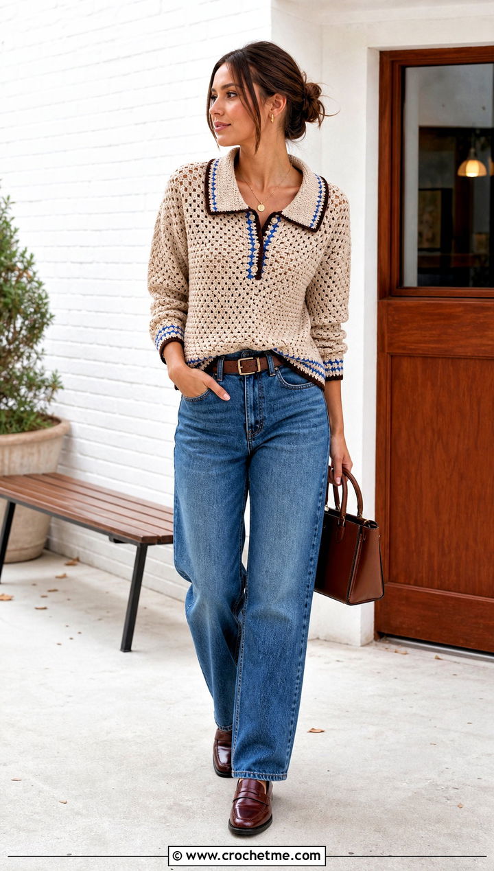 Beige Polo Collar Crochet Sweater With Straight Jeans - 25 Brown And Beige Crochet Sweater outfit ideas