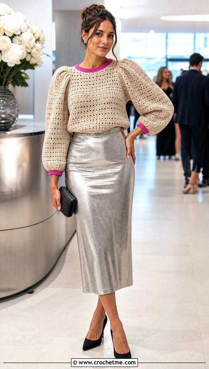 Beige Puff Sleeve Crochet Sweater With Metallic Skirt - 15 Beige Crochet Sweater On Hanger outfit ideas