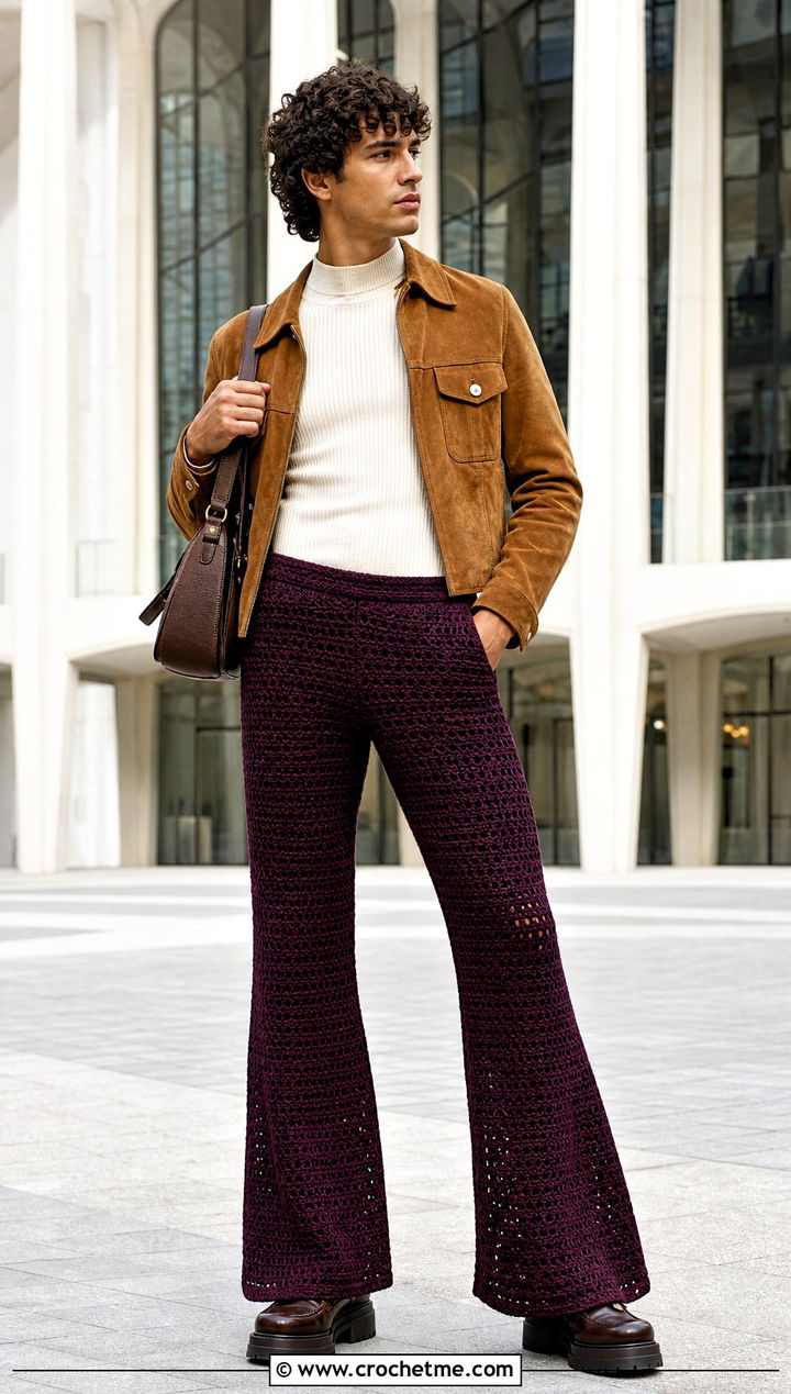 Bell Bottom Crochet Pants With Suede Jacket - 30 mens crochet pants outfit ideas