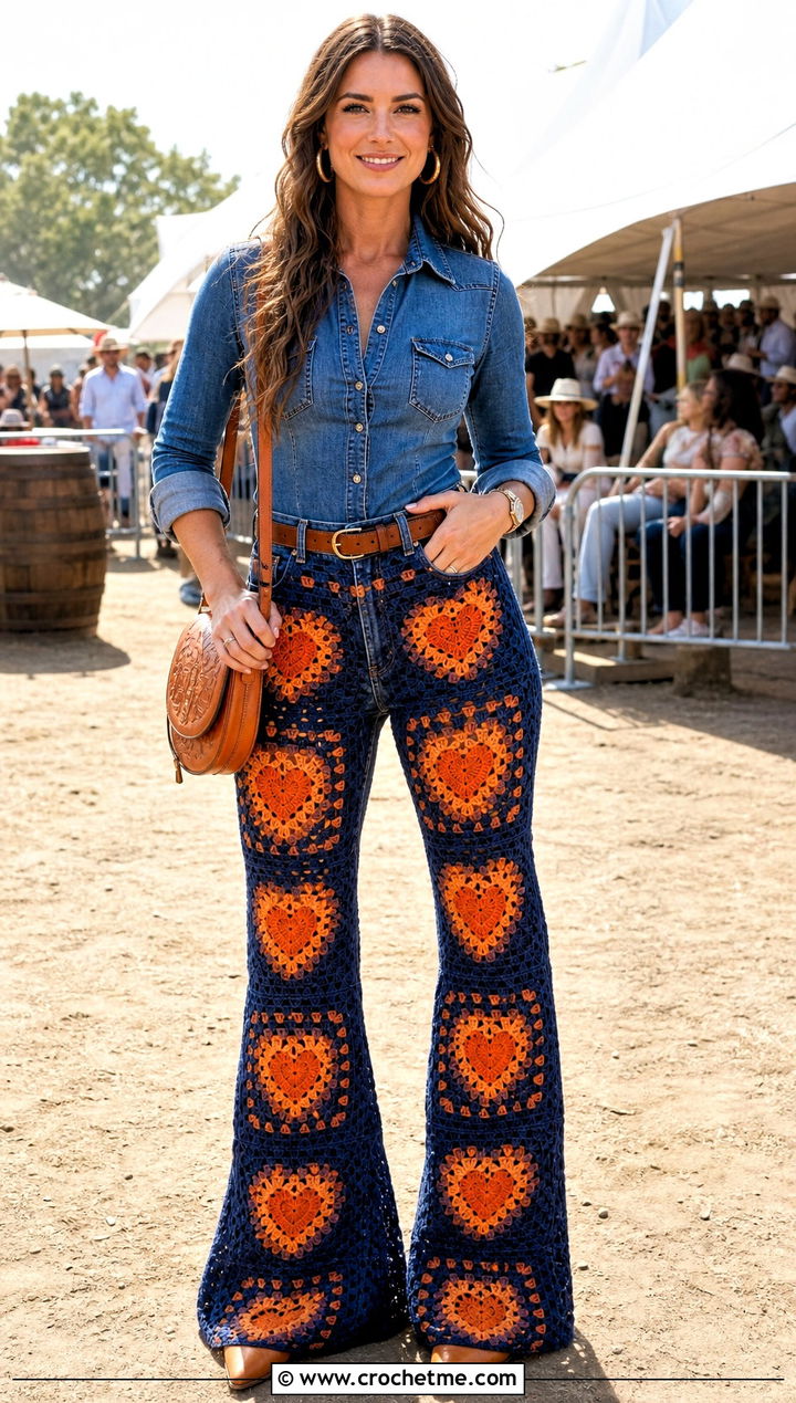 Bell Bottom Heart Granny Square Pants With Denim Shirt - 30 heart granny square pants outfit ideas