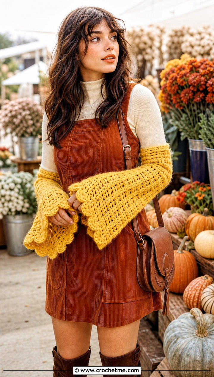 Bell Cuff Crochet Arm Warmers With Corduroy Mini Dress - 15 crochet arm warmers vintage-styled outfit ideas