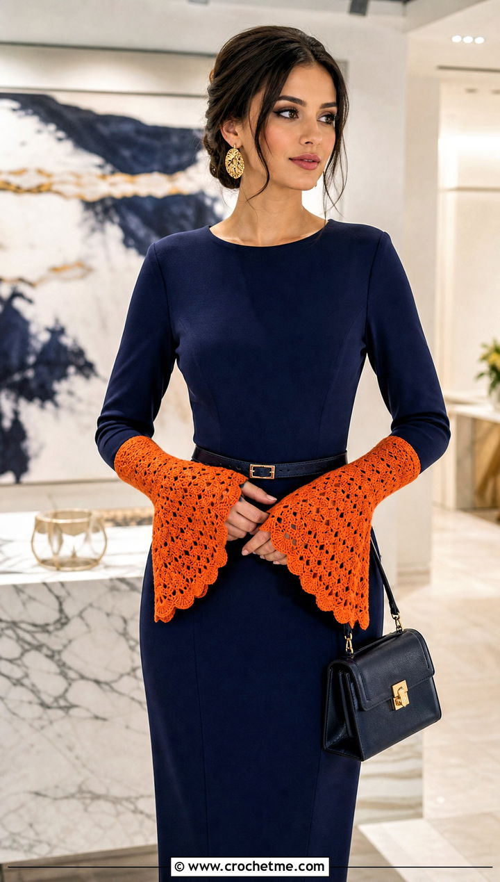 Bell Cuff Crochet Fingerless Arm Warmers With Fitted Midi Dress And Boots - 15 Crochet Fingerless Arm Warmers outfit ideas