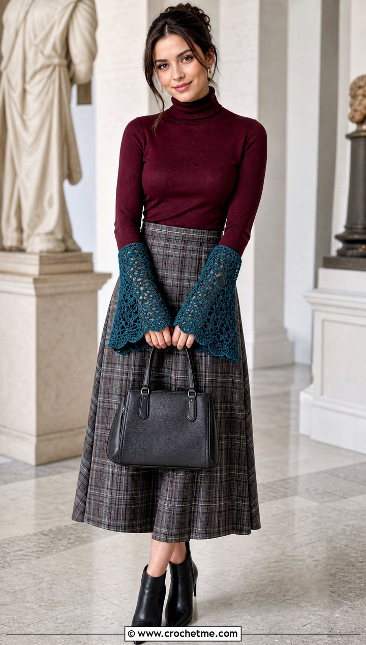 Bell Cuff Lace Crochet Gloves With Turtleneck And Plaid Skirt - 15 Vintage Lace Crochet Gloves outfit ideas