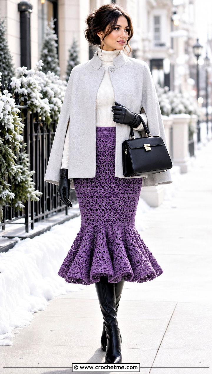 Bell Ruffle Crochet Midi Skirt With Cape Coat - 35 crochet skirt with ruffles outfit ideas