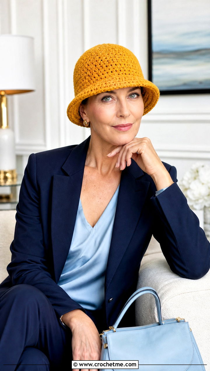 Bell Shaped Crochet Chemo Cloche With Pantsuit - 30 crochet chemo hat outfit ideas