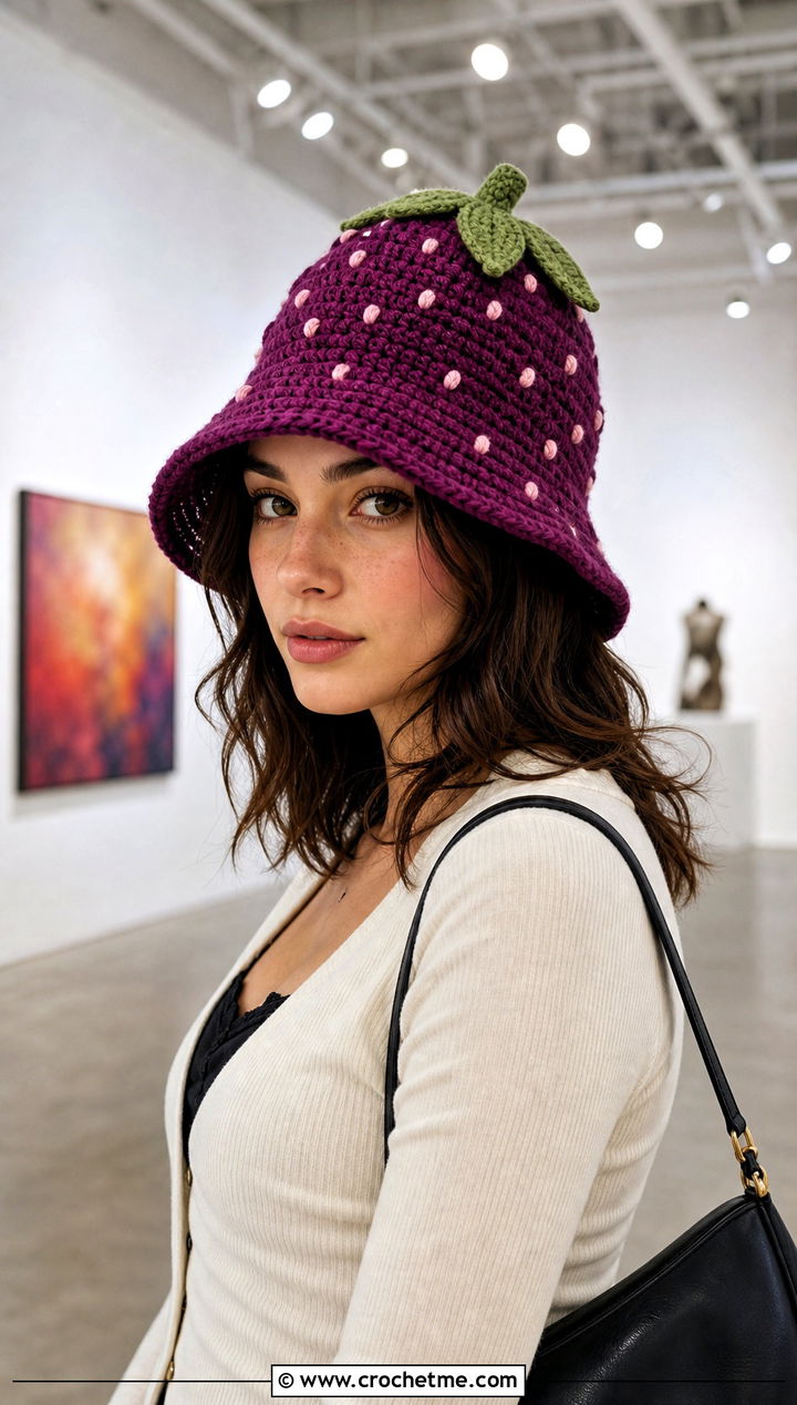 Bell Shaped Strawberry Crochet Hat With Midi Skirt - 30 strawberry crochet hat outfit ideas