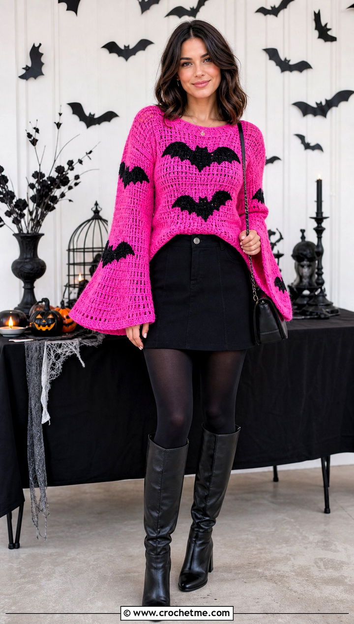 Bell Sleeve Bat Crochet Halloween Sweater With Mini Skirt - 35 Crochet Halloween Sweater outfit ideas