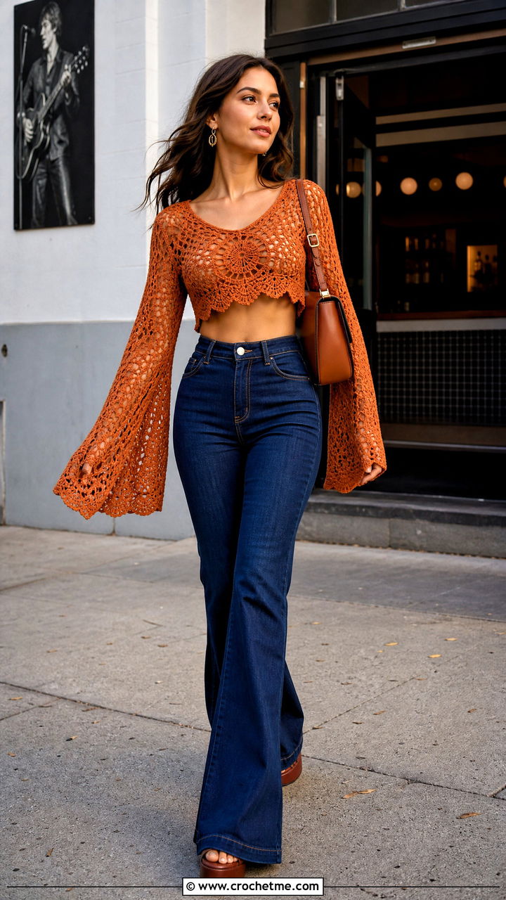 Bell Sleeve Belly Crochet Top With Flared Jeans - 35 Belly Crochet Top outfit ideas