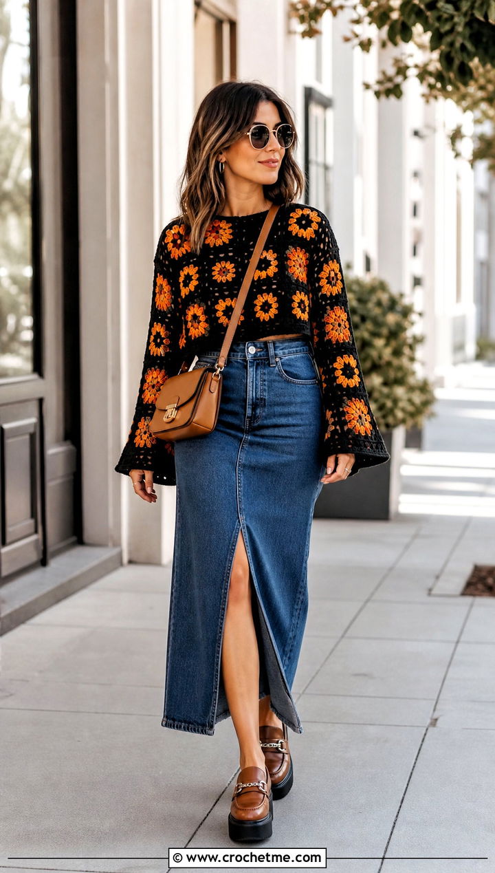 Bell Sleeve Black Granny Square Sweater With Denim Maxi Skirt - 25 black granny square sweater outfit ideas