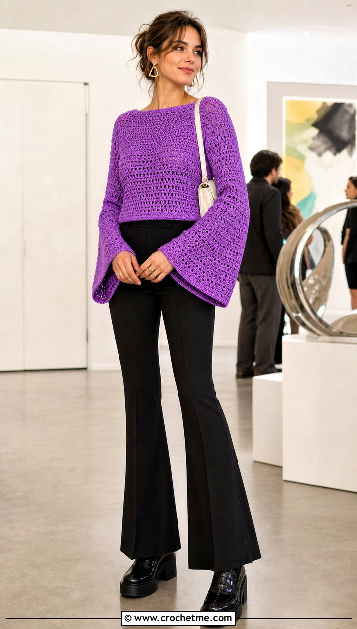 Bell Sleeve Boat Neck Crochet Sweater With Flared Pants - 15 boat neck crochet sweater outfit ideas