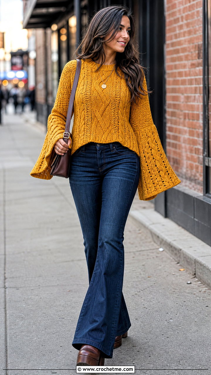 Bell Sleeve Cable Crochet Sweater With Flared Jeans - 35 cable crochet sweater outfit ideas