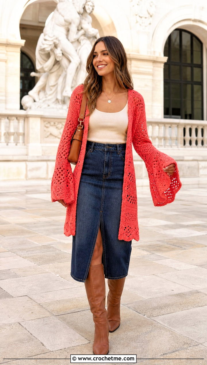 Bell Sleeve Campfire Cardigan With Denim Midi Skirt - 30 crochet campfire cardigan outfit ideas