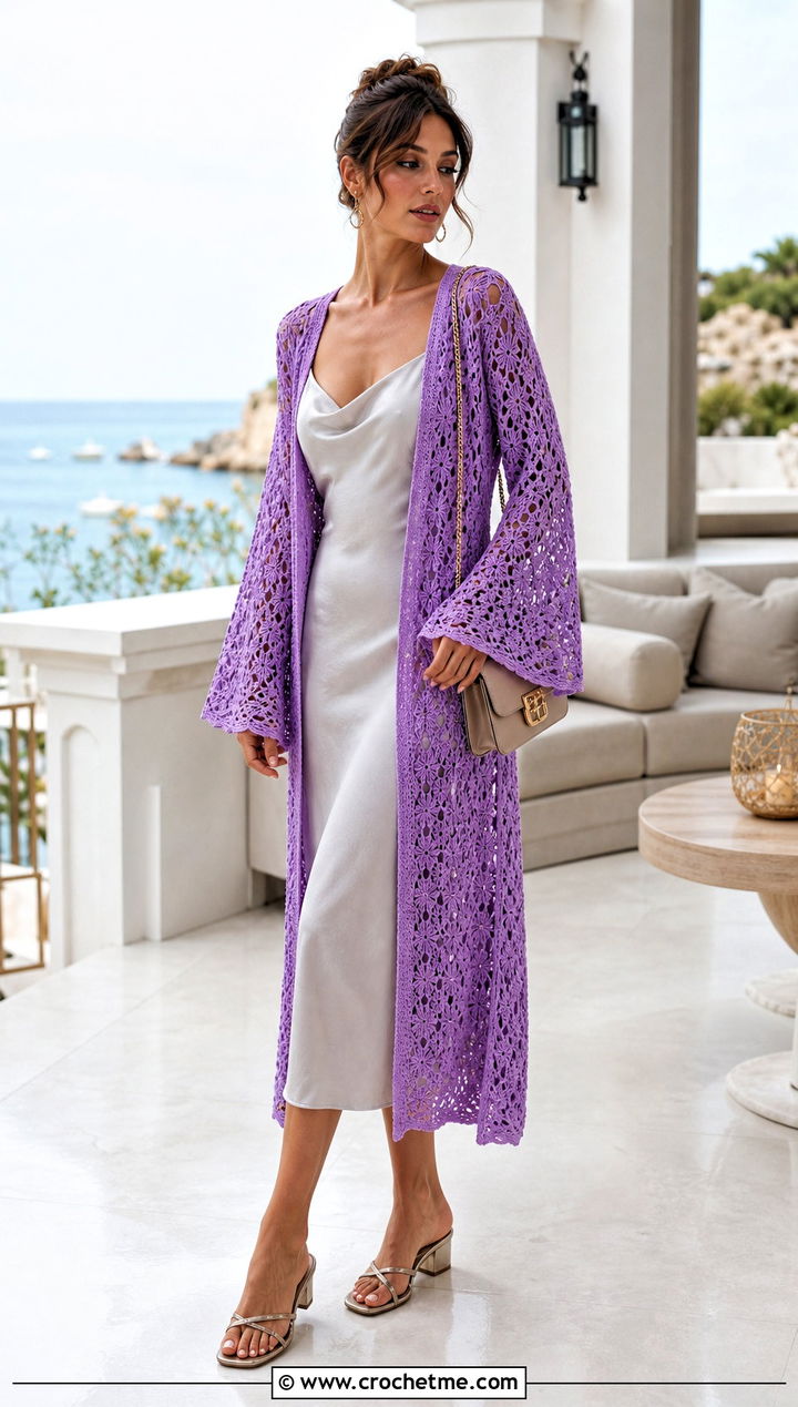 Bell Sleeve Cardigan Crochet Coverup With Satin Slip Dress - 35 crochet coverups outfit ideas