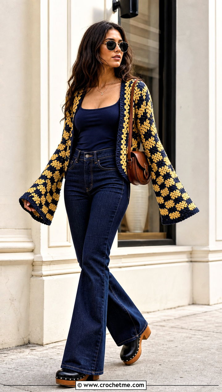 Bell Sleeve Checkered Crochet Cardigan With Flare Jeans - 25 Checkered Crochet Cardigan outfit ideas