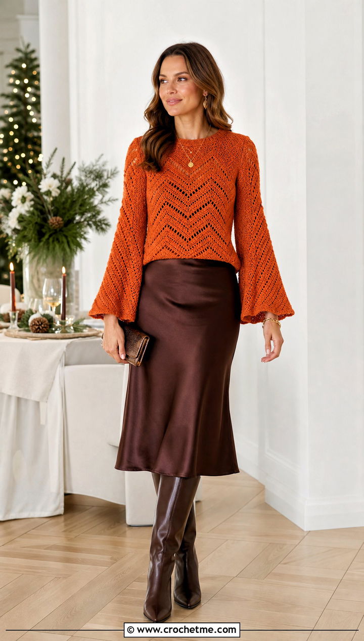 Bell Sleeve Chevron Crochet Sweater With Bias Cut Midi Skirt - 20 Chevron Crochet Sweater outfit ideas