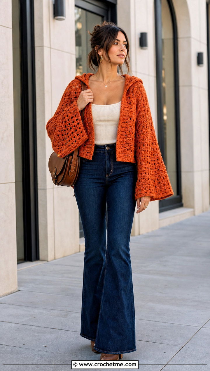 Bell Sleeve Chunky Crochet Hoodie With Flared Jeans - 25 crochet chunky hoodie outfit ideas