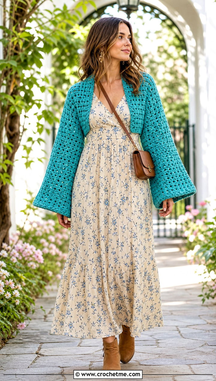 Bell Sleeve Chunky Crochet Shrug With Floral Maxi Dress - 25 Chunky Crochet Shrug outfit ideas