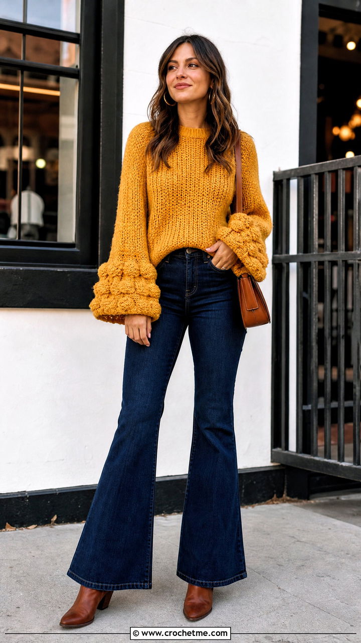 Bell Sleeve Chunky Crochet Sweater With Flare Jeans - 35 chunky crochet sweater outfit ideas