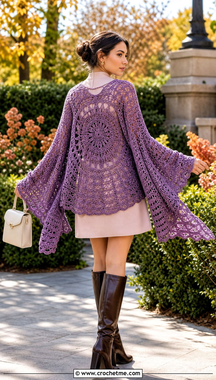 Bell Sleeve Circle Crochet Cardigan With Mini Dress - 25 circle crochet cardigan outfit ideas