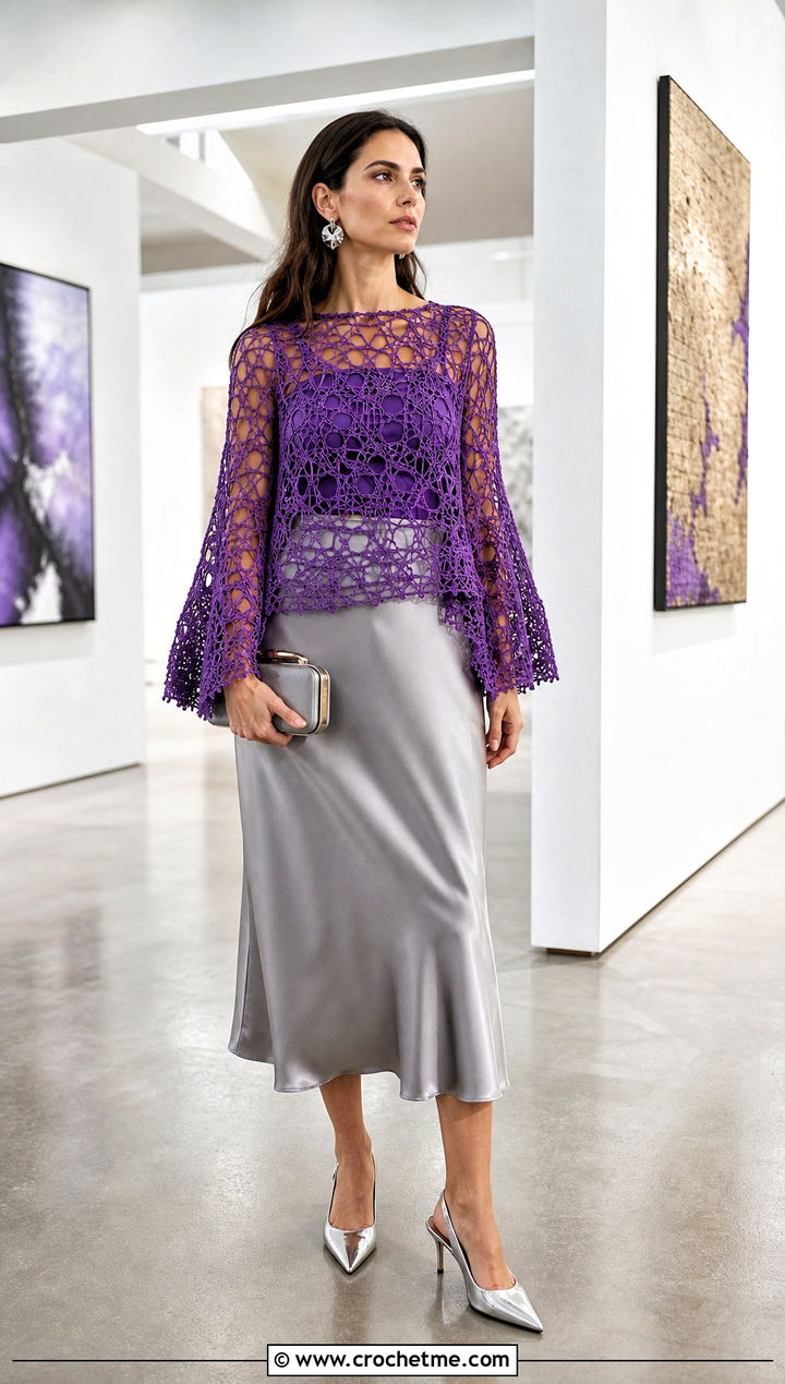 Bell Sleeve Cobweb Top With Satin Midi Skirt - 25 Crochet Cobweb Top outfit ideas