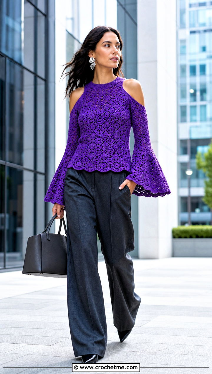 Bell Sleeve Cold Shoulder Crochet Top With Tailored Trousers - 25 Cold Shoulder Crochet Top outfit ideas