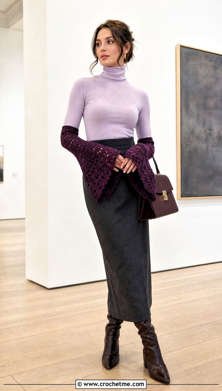 Bell Sleeve Crochet Arm Warmers With Turtleneck And Midi Skirt - 25 Easy Crochet Arm Warmers outfit ideas