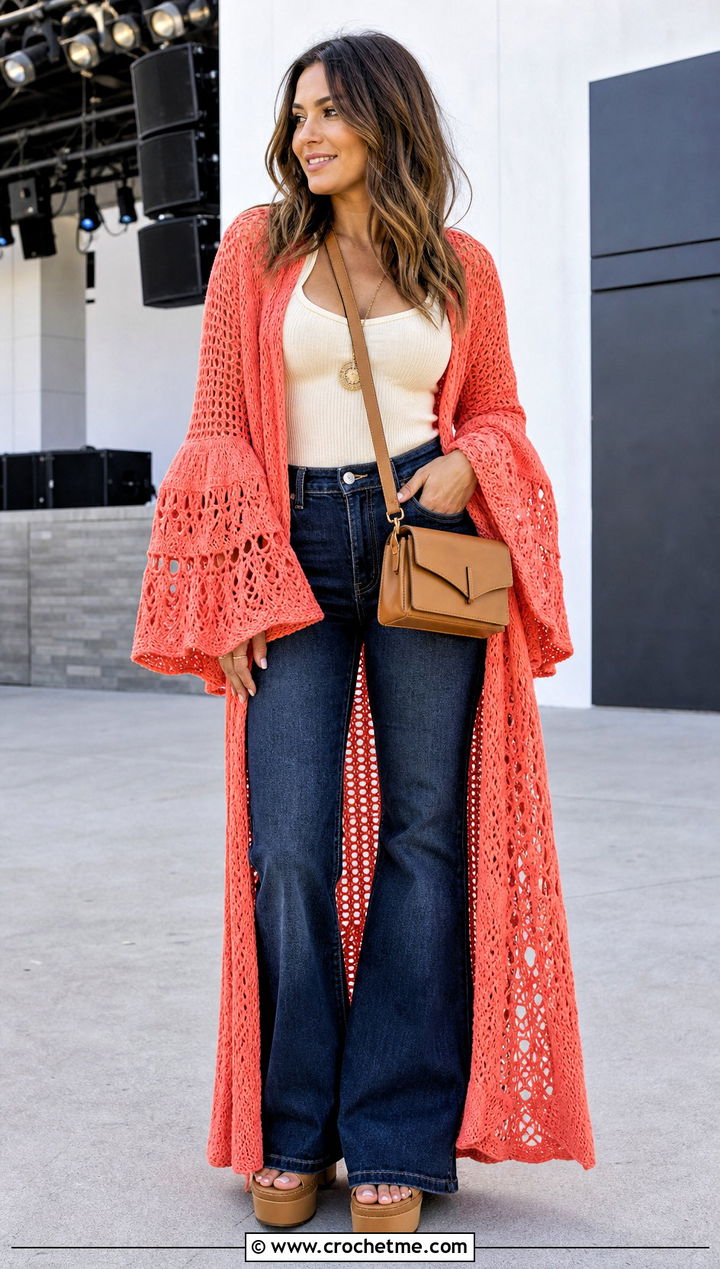 Bell Sleeve Crochet Bathrobe With Flare Jeans - 30 crochet bathrobe outfit ideas