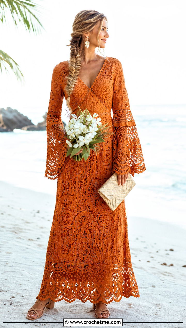 Bell Sleeve Crochet Beach Wedding Dress With Shell Jewelry - 20 crochet beach wedding dress outfit ideas