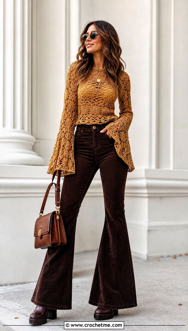 Bell Sleeve Crochet Blouse With Corduroy Flares - 15 vintage crochet top design outfit ideas