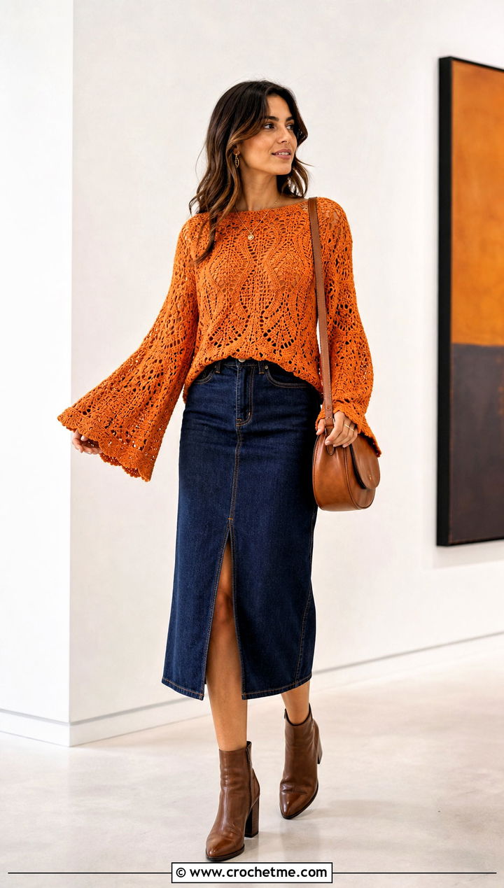 Bell Sleeve Crochet Blouse With Denim Midi Skirt - 15 rustic crochet top outfit ideas