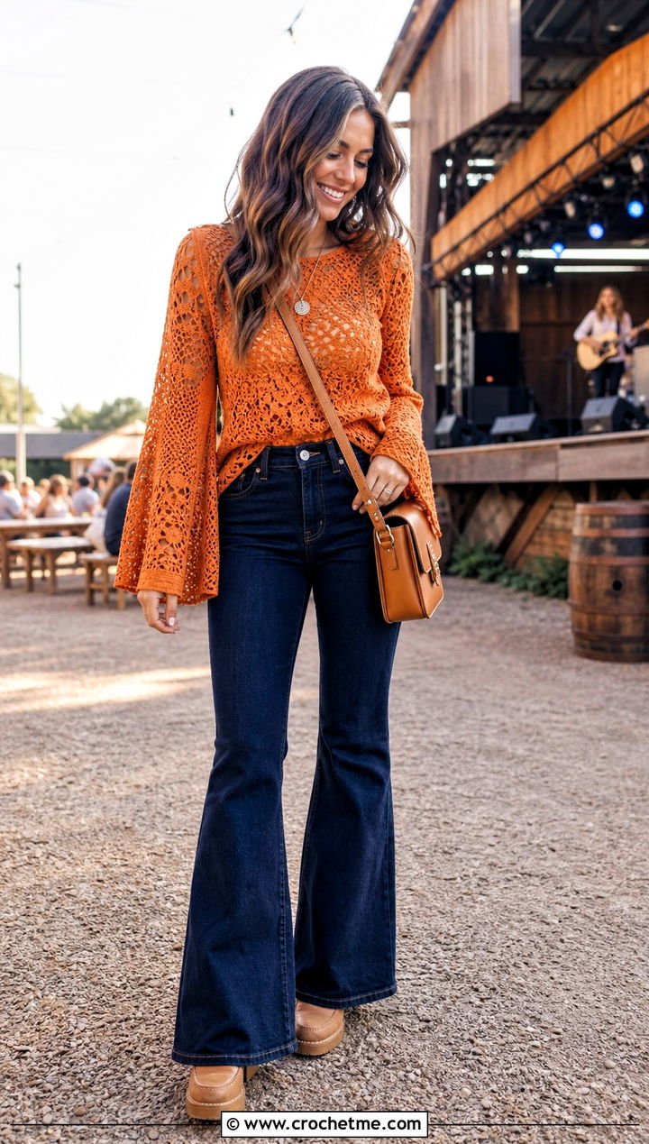 Bell Sleeve Crochet Blouse With Flared Jeans - 15 colorful crochet blouse design outfit ideas