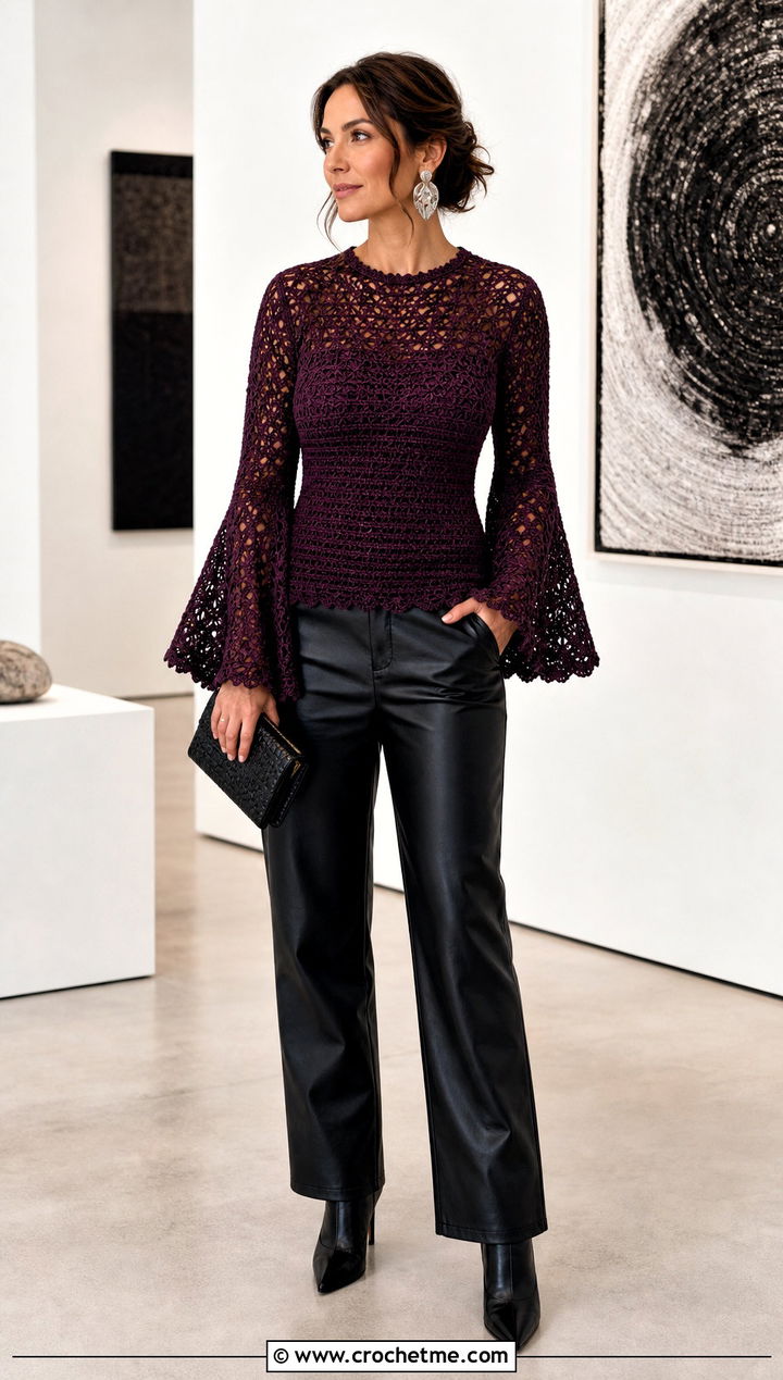 Bell Sleeve Crochet Blouse With Leather Pants - 15 Beginner Crochet Blouse outfit ideas