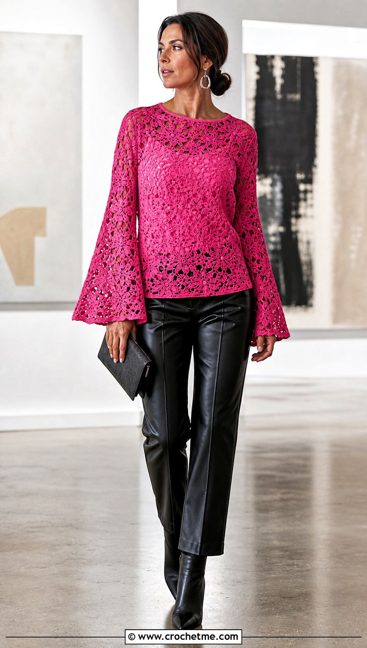 Bell Sleeve Crochet Blouse With Leather Pants - 15 quick crochet blouse outfit ideas