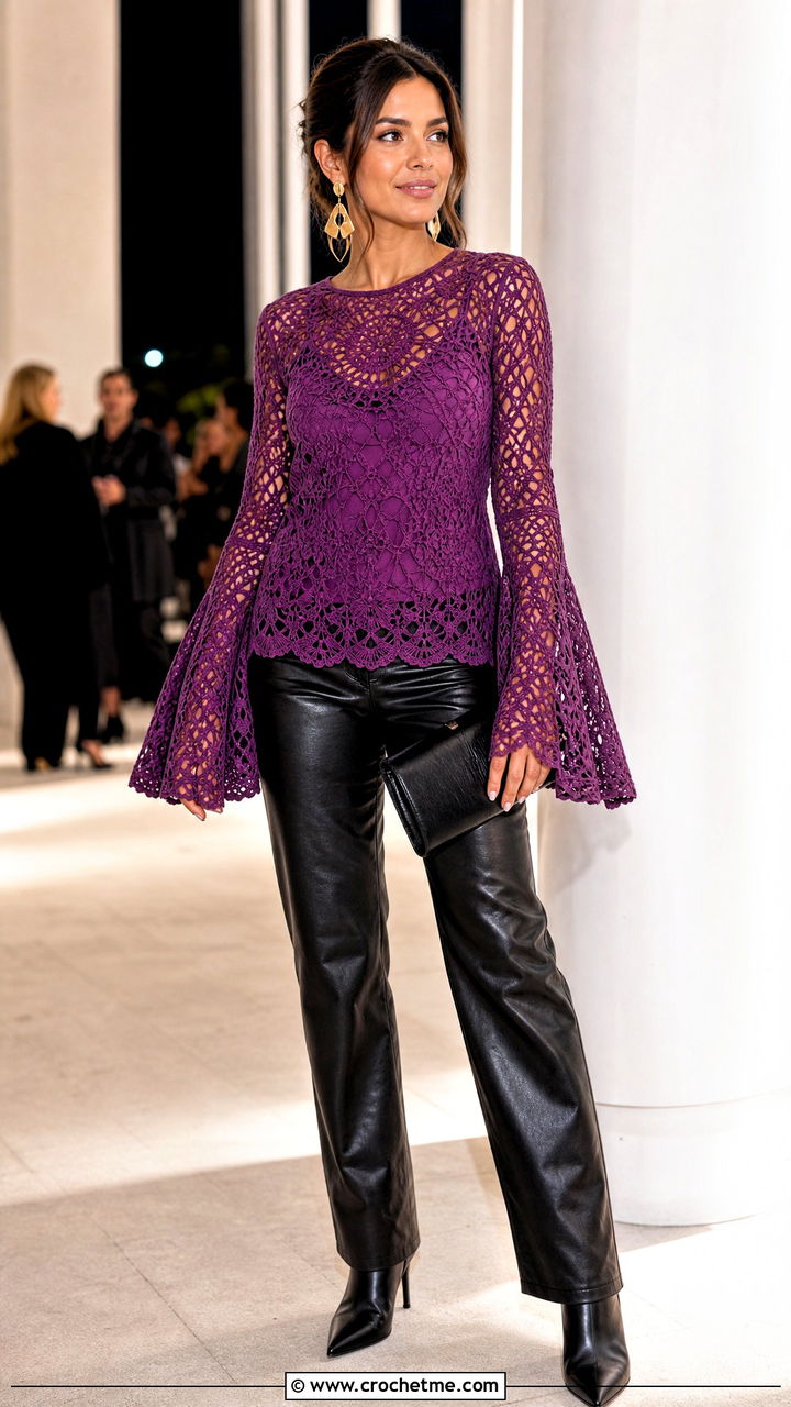 Bell Sleeve Crochet Blouse With Leather Pants - 35 crochet blouse outfit ideas