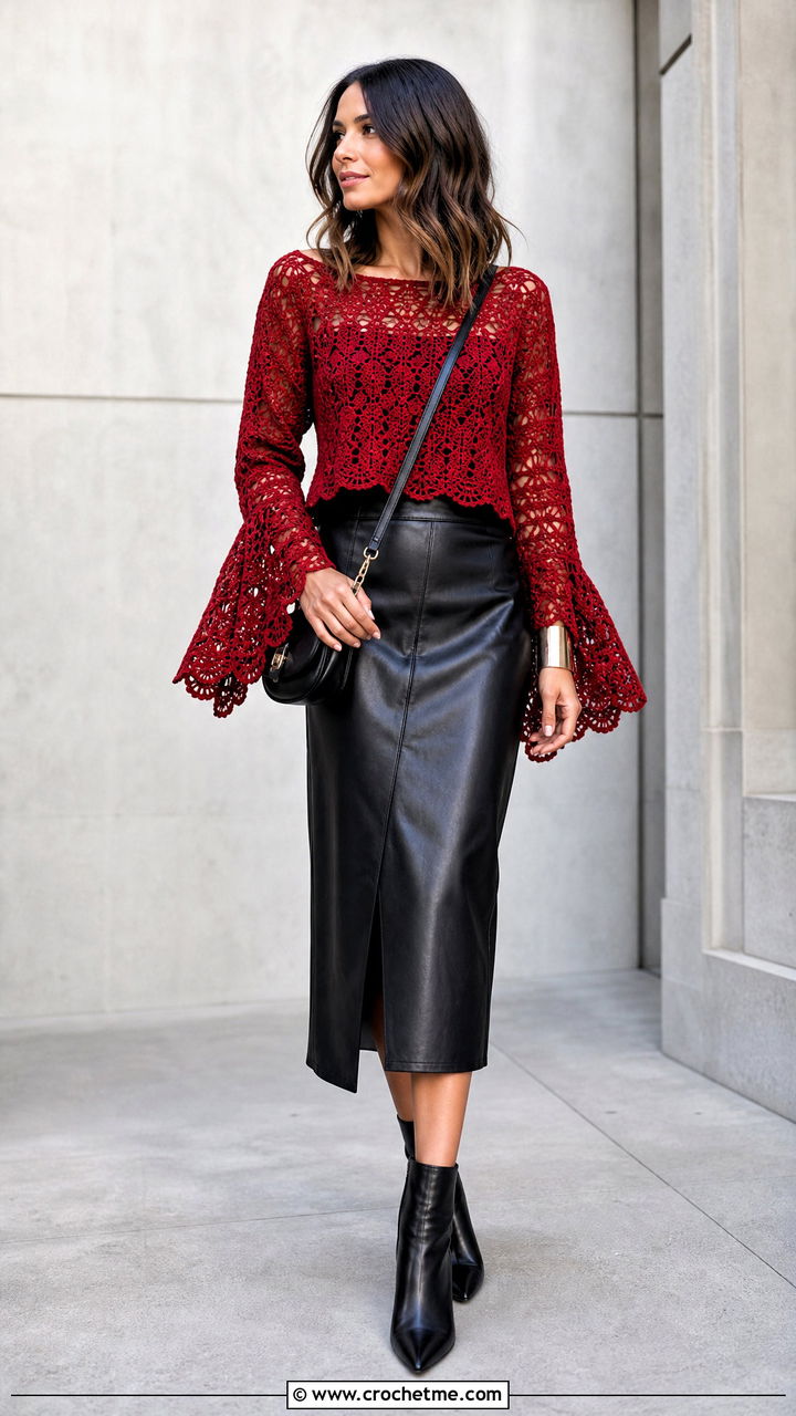 Bell Sleeve Crochet Blouse With Leather Skirt and Ankle Boots - 35 crochet clothes ideas