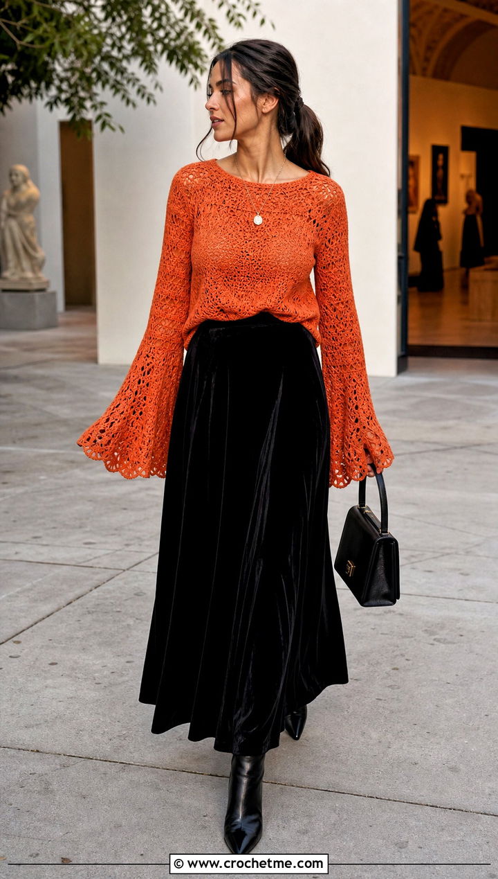 Bell Sleeve Crochet Blouse With Velvet Maxi Skirt - 25 gothic crochet clothes and outfit ideas