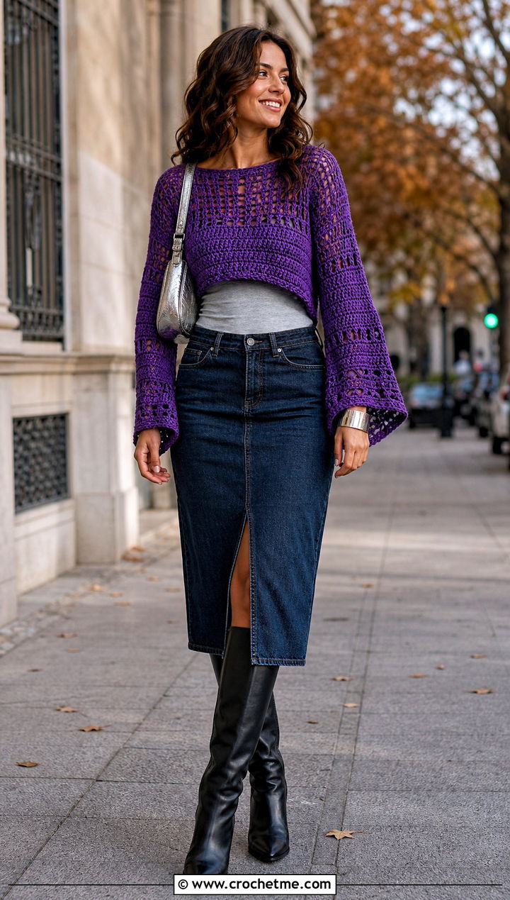 Bell Sleeve Crochet Boatneck Sweater With Denim Midi Skirt - 15 Crochet Super Cropped Sweater outfit ideas
