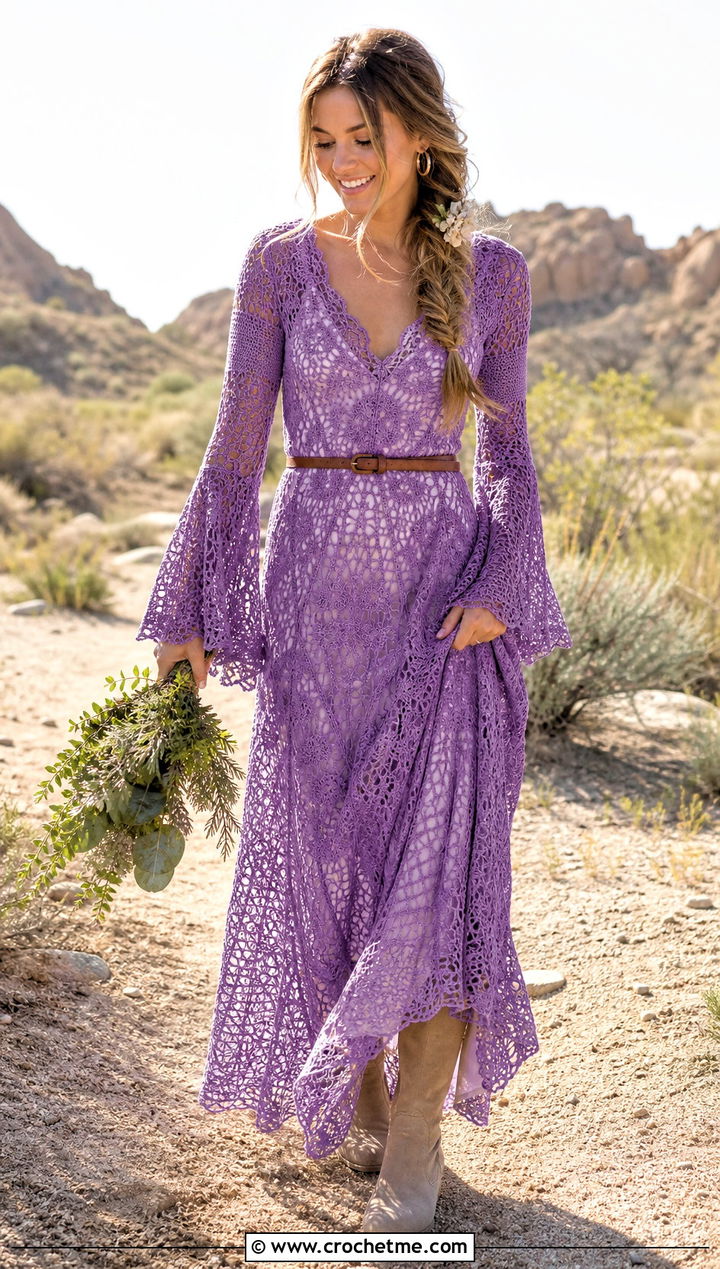 Bell Sleeve Crochet Boho Bridal Dress With Suede Boots - 30 crochet bridal dress outfit ideas