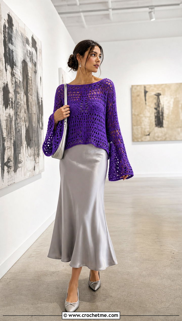 Bell Sleeve Crochet Boho Sweater With Satin Midi Skirt - 30 crochet boho sweater outfit ideas