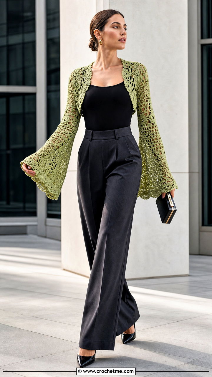 Bell Sleeve Crochet Bolero Shrug With Wide Leg Trousers - 35 crochet bolero shrug outfit ideas