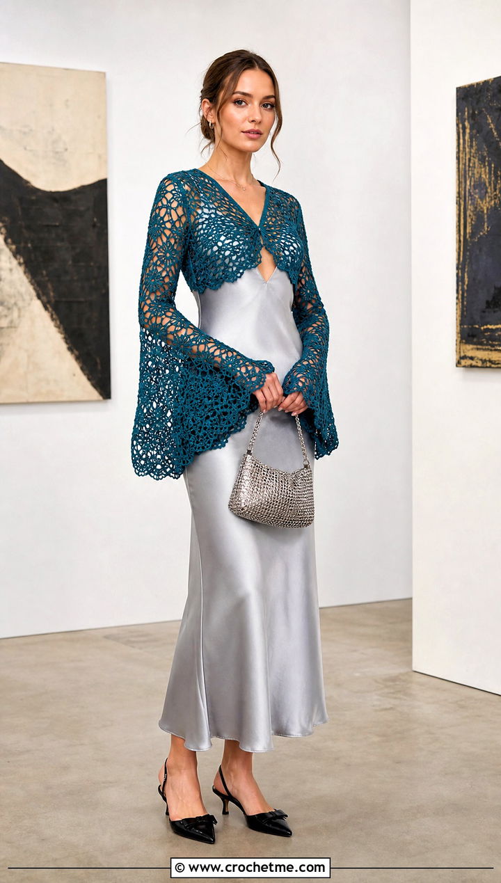 Bell Sleeve Crochet Bolero Top With Slip Dress - 35 crochet layering top outfit ideas