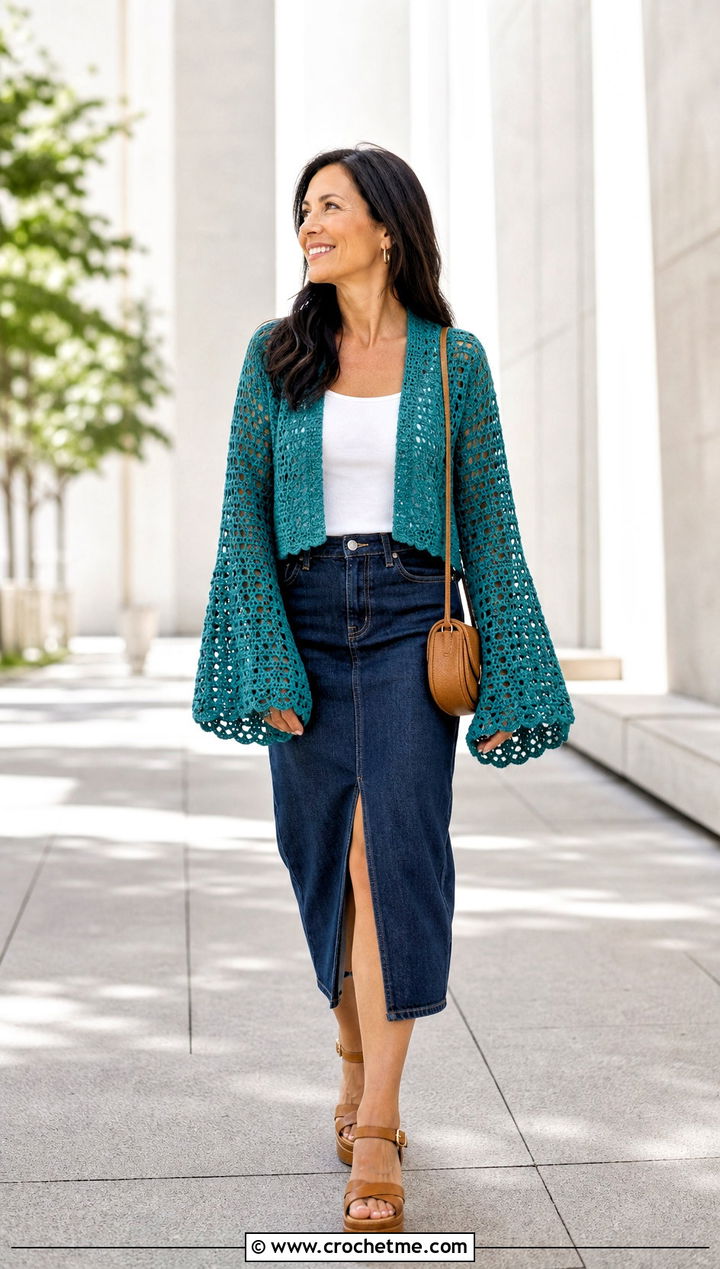 Bell Sleeve Crochet Bolero With Denim Skirt - 15 crochet spring summer bolero outfit ideas