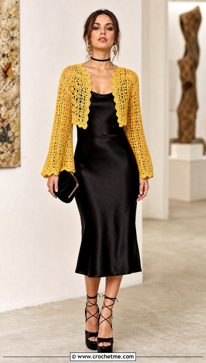 Bell Sleeve Crochet Bolero With Satin Dress - 15 goth crochet clothing and outfit ideas