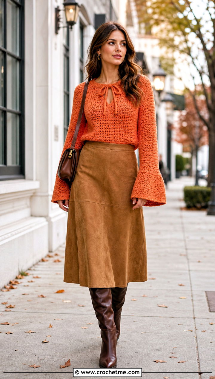 Bell Sleeve Crochet Bow Top With Suede Midi Skirt - 25 crochet bow top outfit ideas