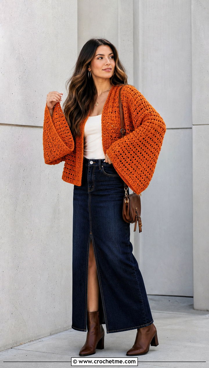 Bell Sleeve Crochet Boxy Sweater With Denim Maxi Skirt - 25 Crochet Boxy Sweater outfit ideas