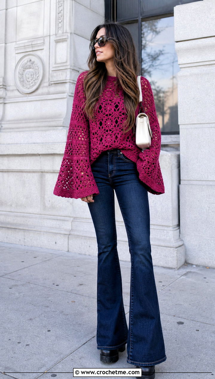Bell Sleeve Crochet Boyfriend Sweater With Flared Jeans - 30 crochet boyfriend sweater outfit ideas