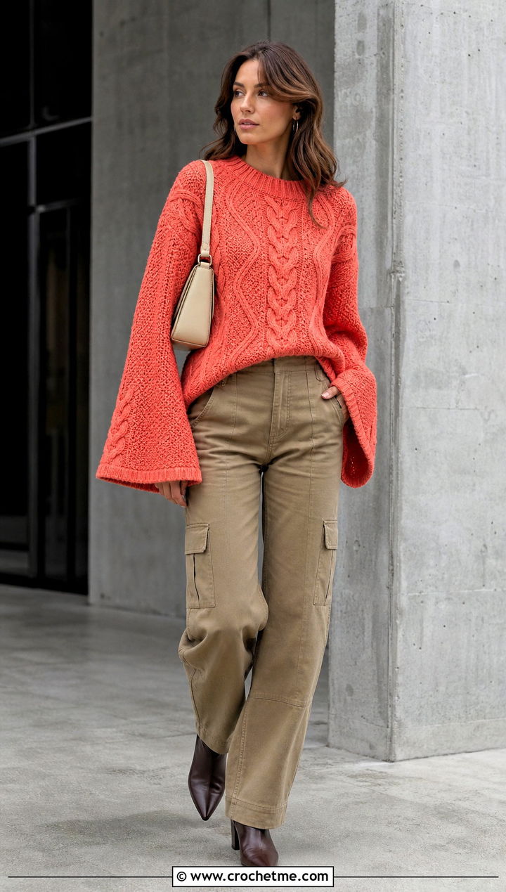 Bell Sleeve Crochet Cable Sweater With Cargo Pants - 25 Cable Knit Crochet Sweater outfit ideas