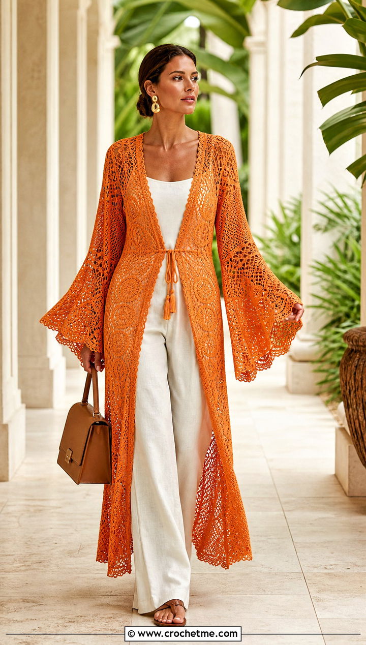 Bell Sleeve Crochet Caftan Dress With Linen Pants - 20 Long Sleeve Crochet Beach Dress outfit ideas