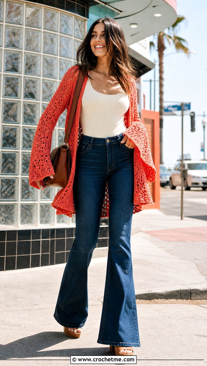 Bell Sleeve Crochet Cardigan With Flare Jeans - 25 womens crochet cardigan outfit ideas
